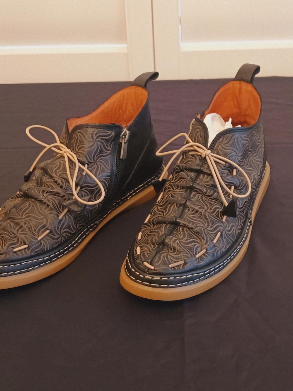 "Anesha" Embossed Black Leather Moccasin Sneakers with Tan Laces
